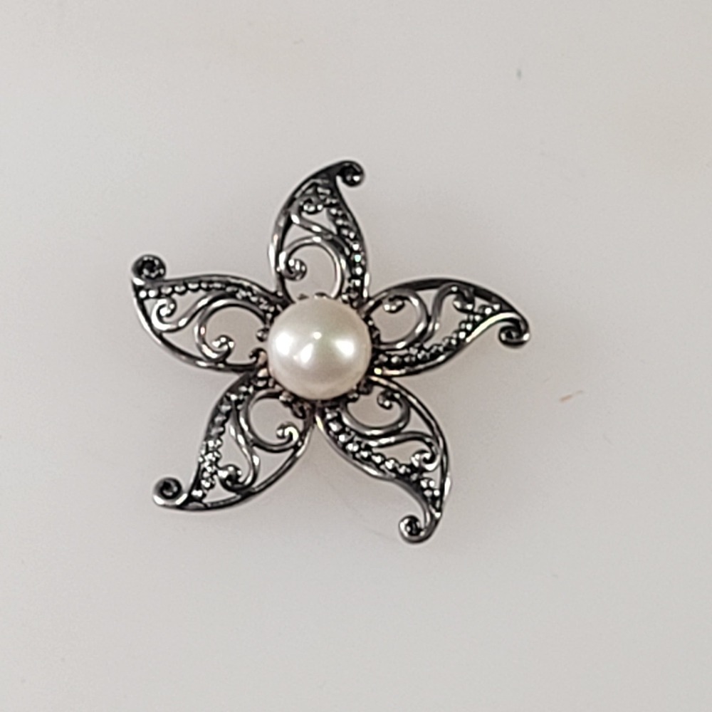 Sterling Silver Filigree Starfish Pendant 925 w Cultured Pearl Center 1.25"